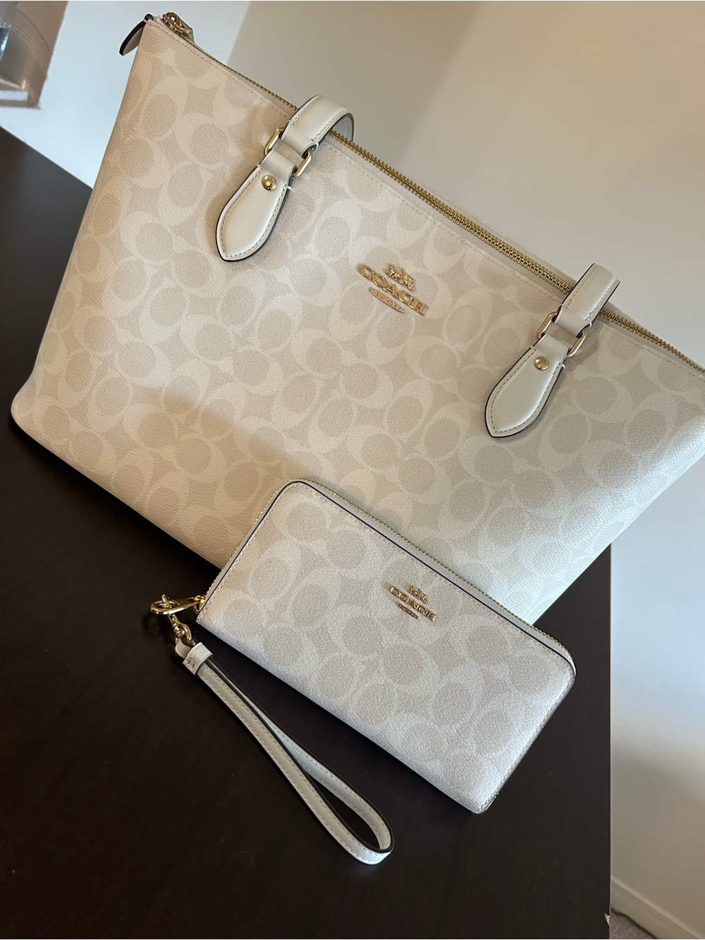 Coach Cream Signature Canvas Tote with Matching Wristlet